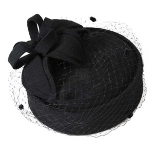 Z&X British Vintage Wool Felt Pillbox Hat Ladies Church Derby Winter Fascinator Hat Veil Flower Fedoras Black