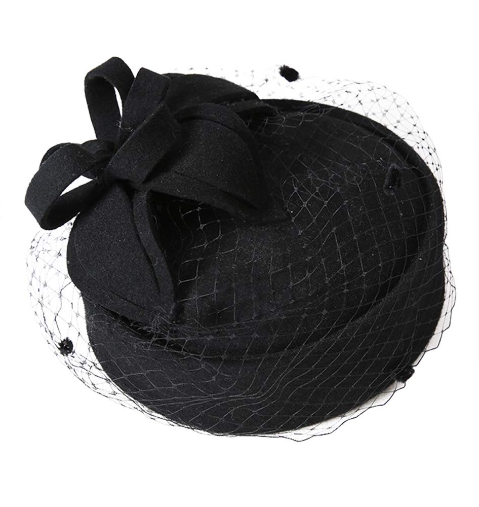 Z&X British Vintage Wool Felt Pillbox Hat Ladies Church Derby Winter Fascinator Hat Veil Flower Fedoras Black