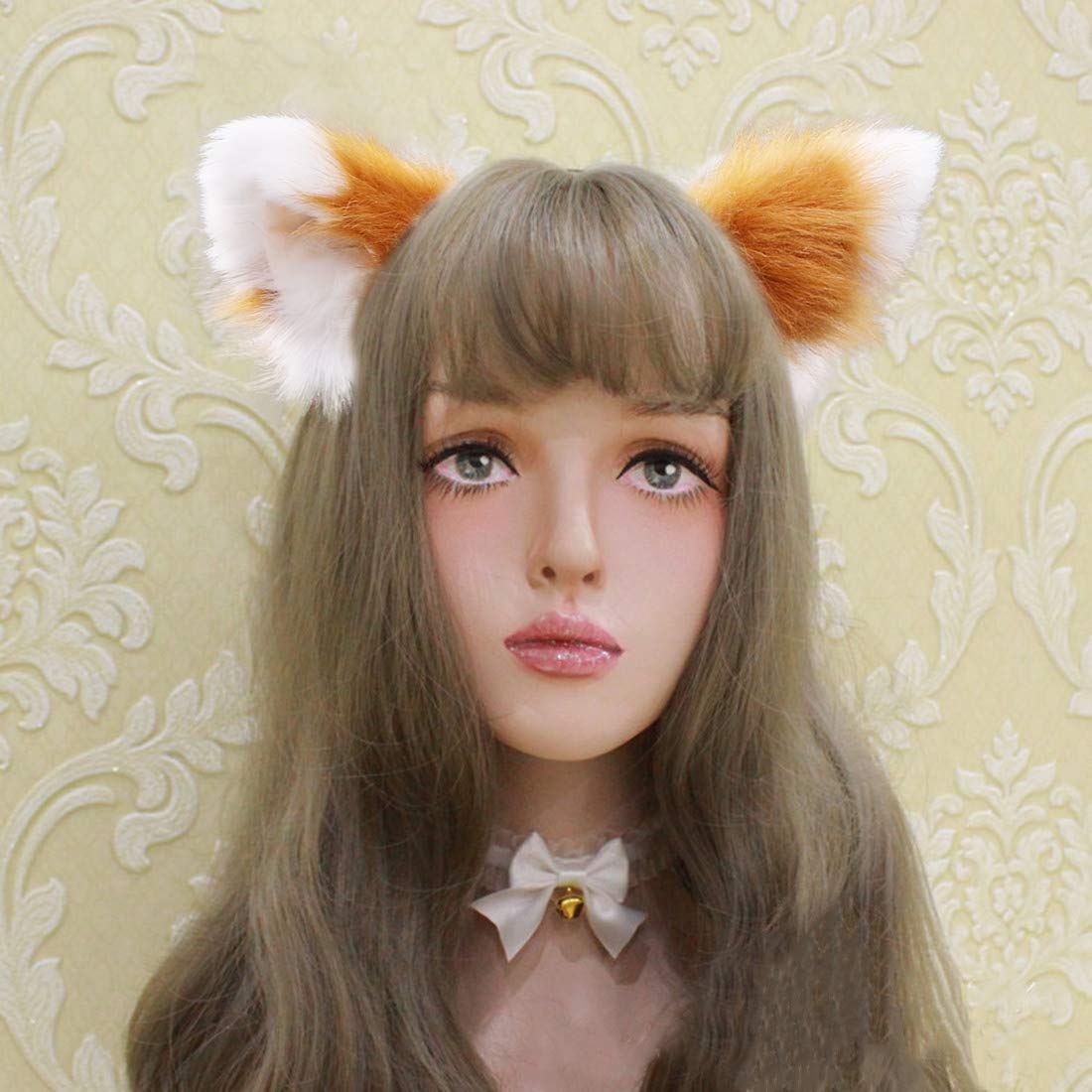 Fxaelian Animal Anime Faux Fur Fox Wolf Cat Dog Ears Headband Halloween Cosplay Costume Party Headbands Headpiece for Women Men Adult Light Brown