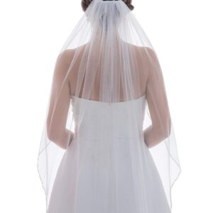 SAMKY 1T 1 Tier Crystal Pearl Beaded Edge Bridal Wedding Veil - White Fingertip Length 36" V575