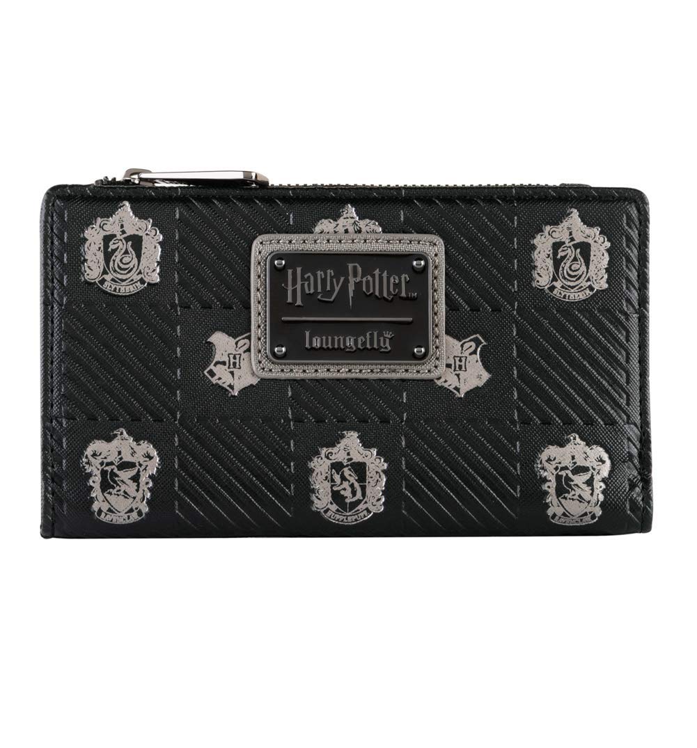 Loungefly x Harry Potter Hogwarts Houses Crests Bifold Wallet (Black Multi, One Size)