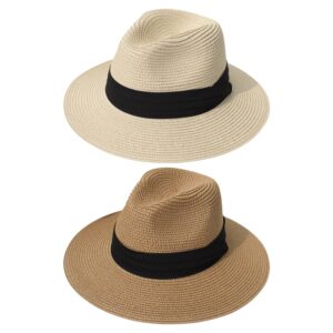 DRESHOW Women Straw Panama Hat Travel Fedora Beach Sun Hat Summer Wide Brim Straw Roll up Hat UPF 50+