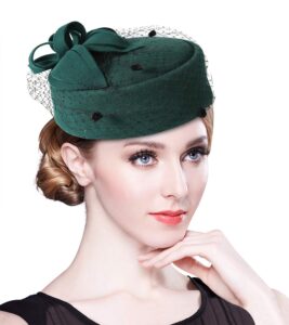 z&x british vintage wool felt pillbox hat ladies church derby winter fascinator hat veil flower fedoras green