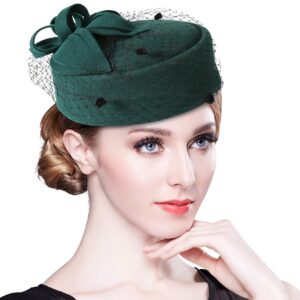 Z&X British Vintage Wool Felt Pillbox Hat Ladies Church Derby Winter Fascinator Hat Veil Flower Fedoras Green