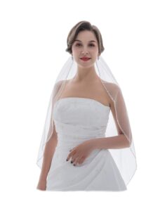 samky 1t 1 tier crystal pearl beaded edge bridal wedding veil - white fingertip length 36" v575