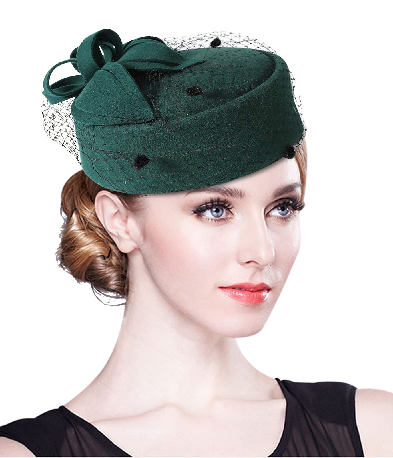 Z&X British Vintage Wool Felt Pillbox Hat Ladies Church Derby Winter Fascinator Hat Veil Flower Fedoras Green