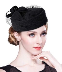 z&x british vintage wool felt pillbox hat ladies church derby winter fascinator hat veil flower fedoras black