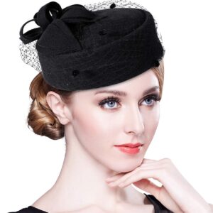 Z&X British Vintage Wool Felt Pillbox Hat Ladies Church Derby Winter Fascinator Hat Veil Flower Fedoras Black