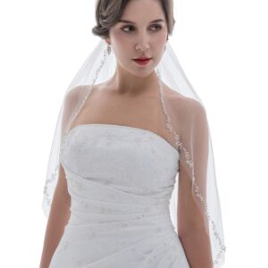 SAMKY 1T 1 Tier Offset Floral Vine Edge Crystal Pearl Veil - Light Ivory Elbow Length 30" V578