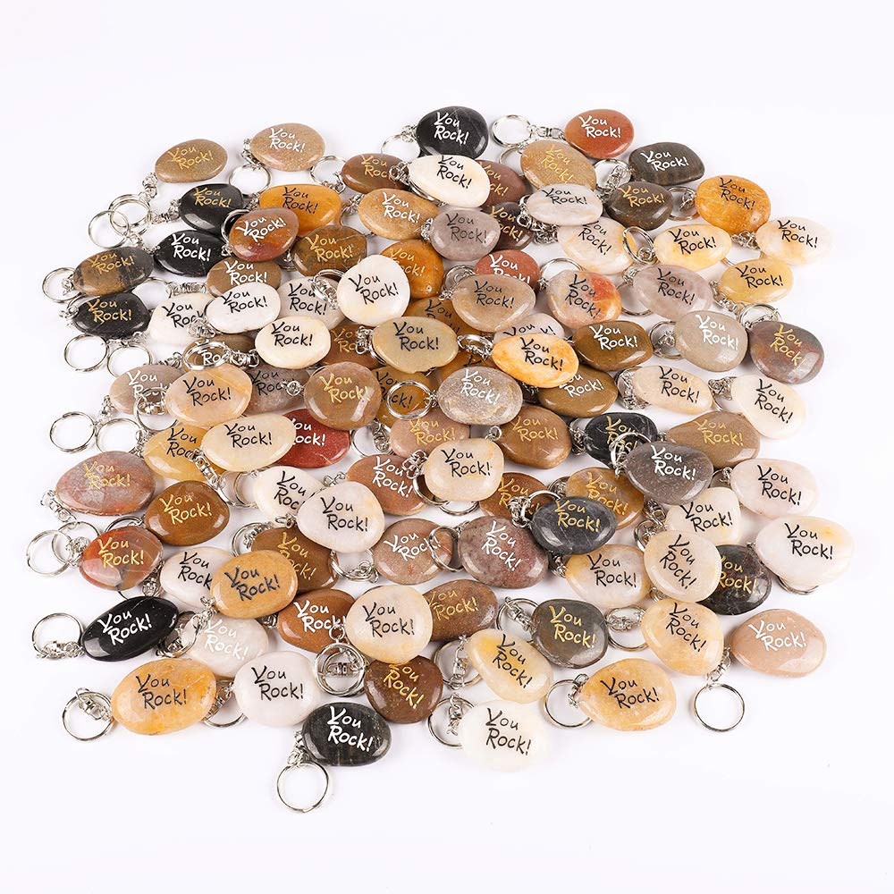 ROCKIMPACT 100PCS You Rock Inspirational Stone Key Chains, Pocket Word Stone Keyring Lot, Engraved Natural River Rock Key Rings, Teamwork Bonding Gift Bulk Keychain (You Rock! 100 Pieces)