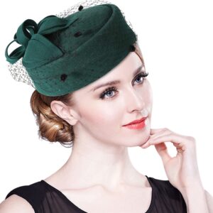 Z&X British Vintage Wool Felt Pillbox Hat Ladies Church Derby Winter Fascinator Hat Veil Flower Fedoras Green