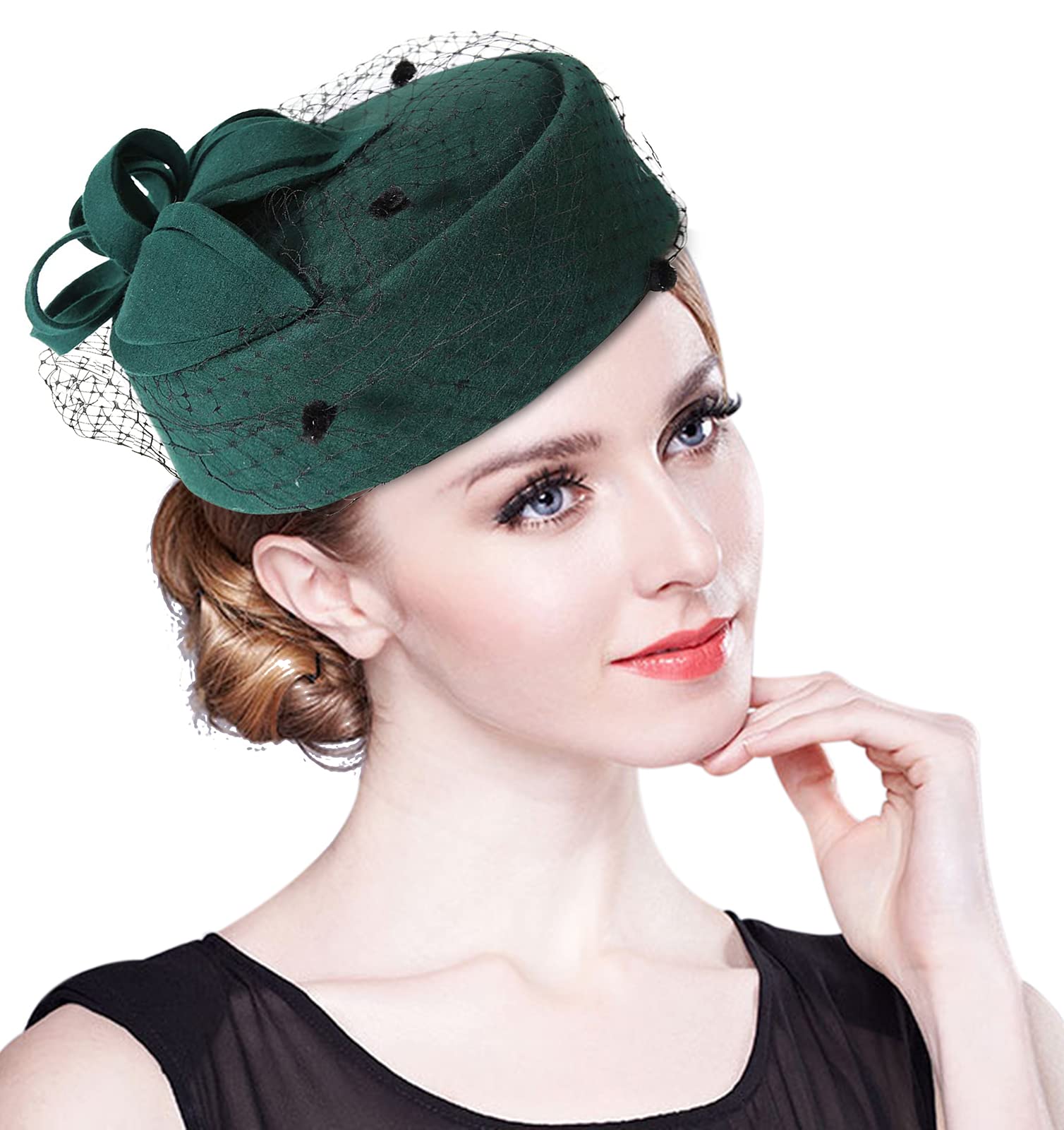 Z&X British Vintage Wool Felt Pillbox Hat Ladies Church Derby Winter Fascinator Hat Veil Flower Fedoras Green