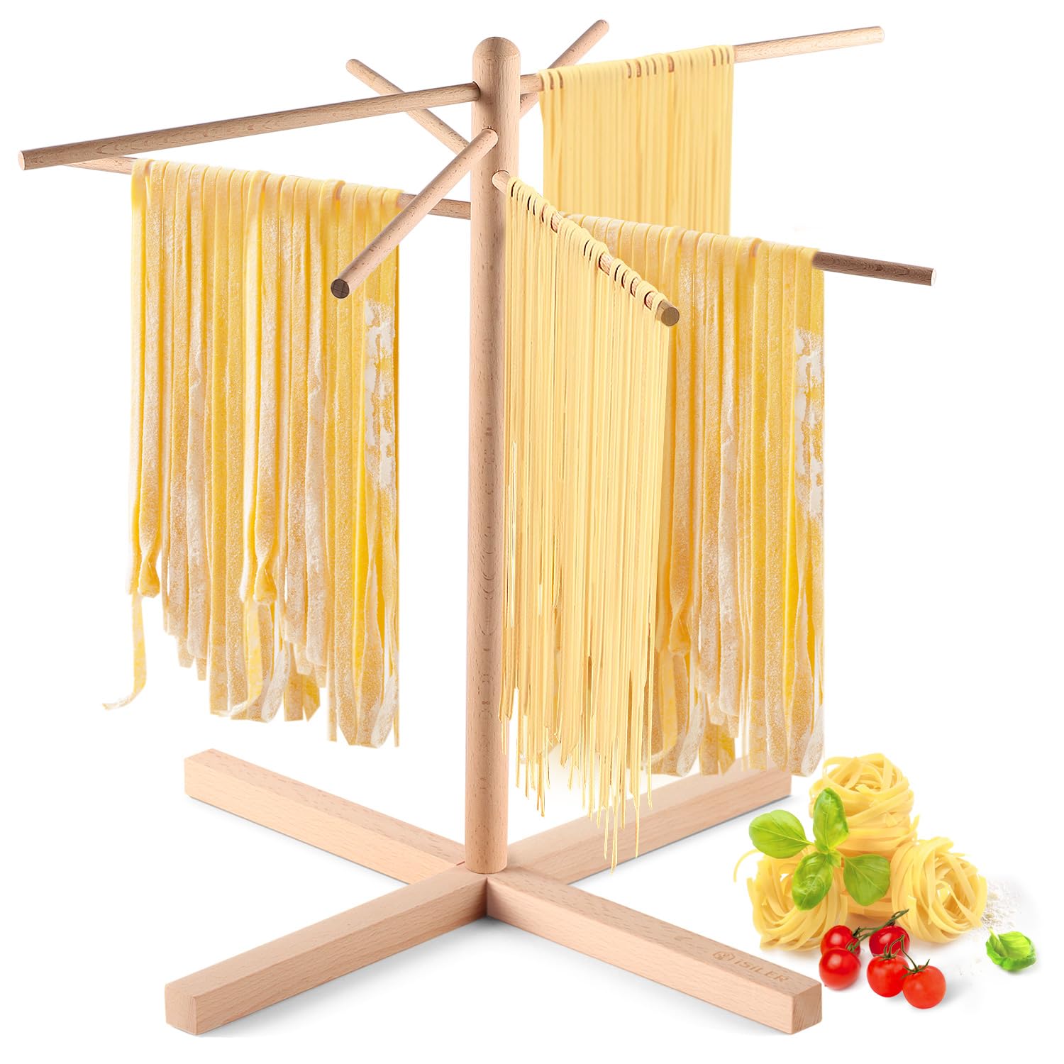 iSiLER Natural Beech Wood Pasta Drying Rack with 8 Branches, Easy to Transfer for Drying Pasta and Spaghetti, Special Suspension Design for Storage