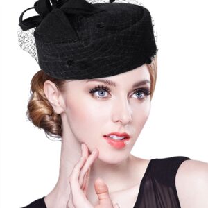 Z&X British Vintage Wool Felt Pillbox Hat Ladies Church Derby Winter Fascinator Hat Veil Flower Fedoras Black