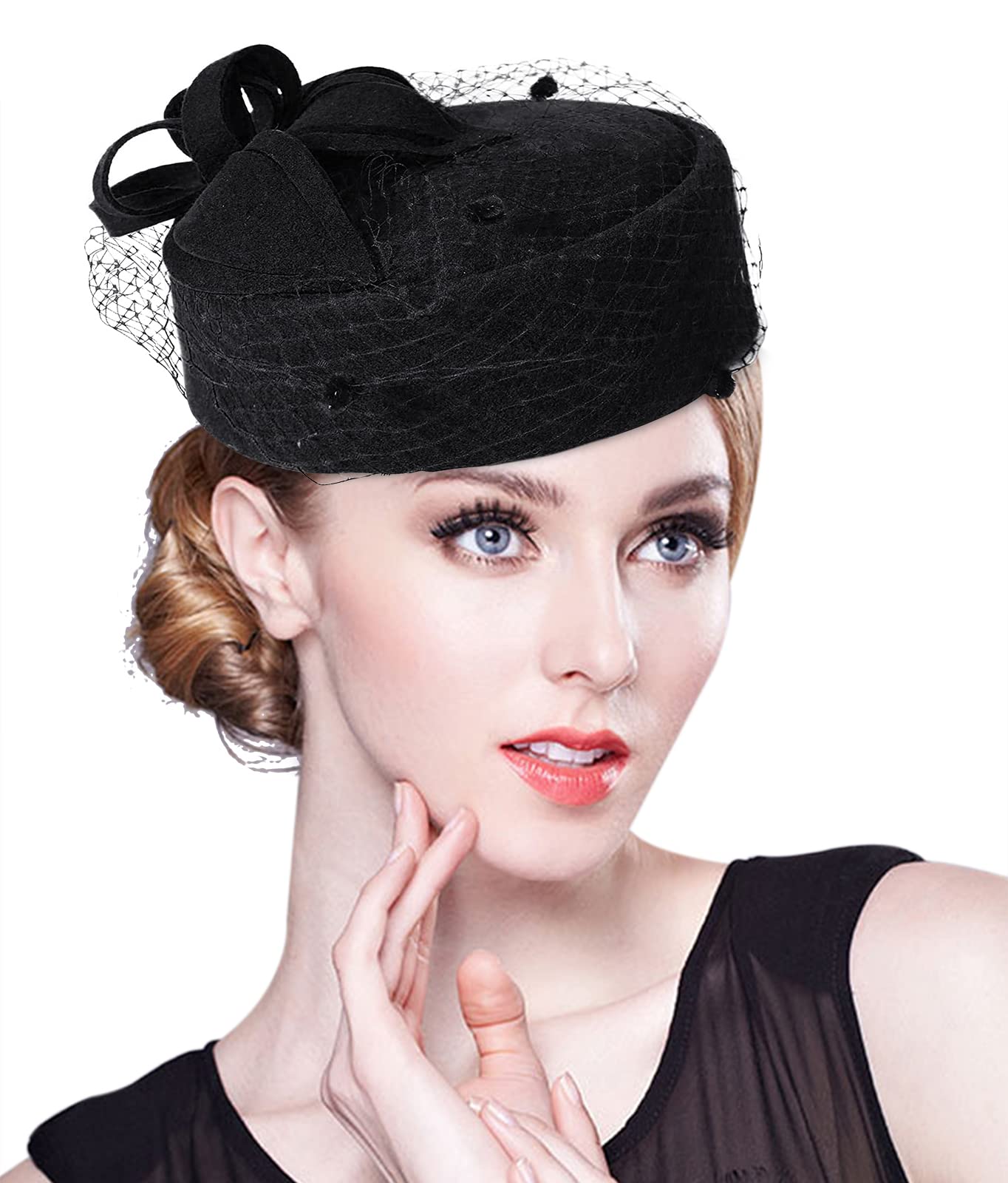 Z&X British Vintage Wool Felt Pillbox Hat Ladies Church Derby Winter Fascinator Hat Veil Flower Fedoras Black