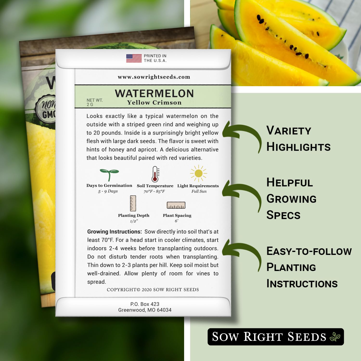 Sow Right Seeds - Yellow Crimson Sweet Watermelon Seed for Planting - Non-GMO Heirloom Packet with Instructions to Plant a Home Vegetable Garden - Rare Yellow Flesh Melon with Sweet Flavor (1)