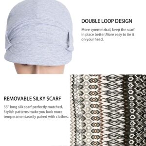 JarseHera Chemo Hats for Women Bamboo Cotton Lined Newsboy Caps with Scarf Double Loop Headwear for Cancer Hair Loss Light Gray