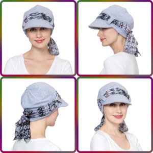 JarseHera Chemo Hats for Women Bamboo Cotton Lined Newsboy Caps with Scarf Double Loop Headwear for Cancer Hair Loss Light Gray