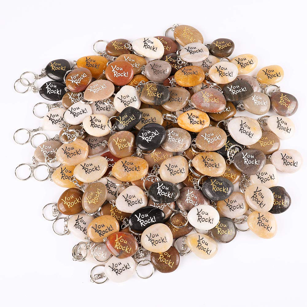 ROCKIMPACT 100PCS You Rock Inspirational Stone Key Chains, Pocket Word Stone Keyring Lot, Engraved Natural River Rock Key Rings, Teamwork Bonding Gift Bulk Keychain (You Rock! 100 Pieces)