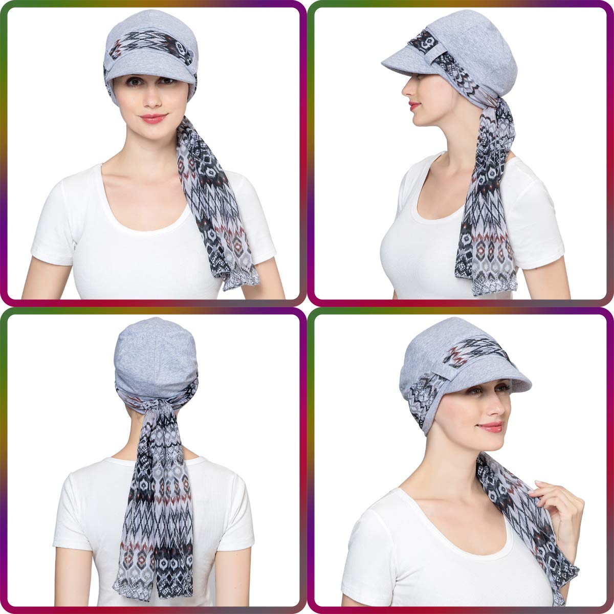 JarseHera Chemo Hats for Women Bamboo Cotton Lined Newsboy Caps with Scarf Double Loop Headwear for Cancer Hair Loss Light Gray