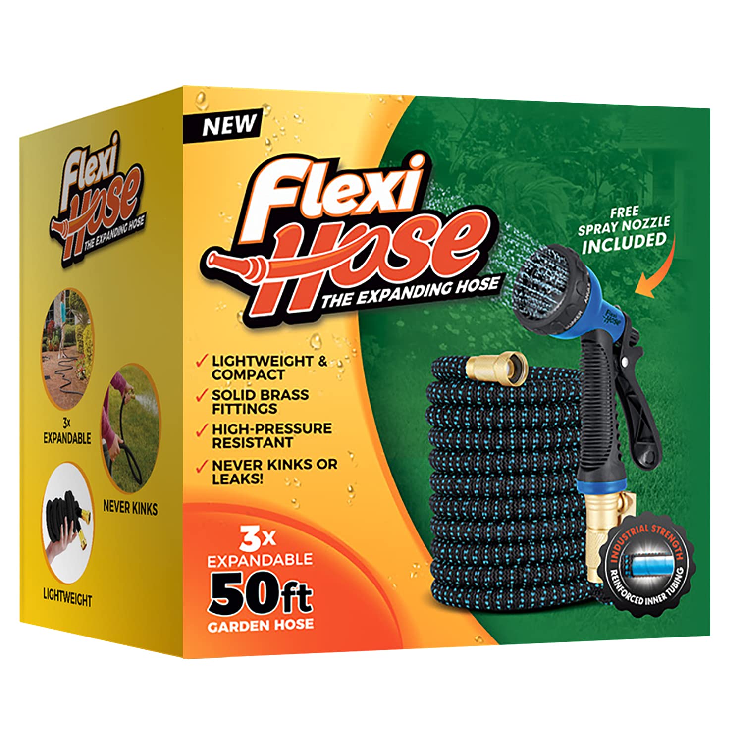 Flexi Hose with 8 Function Nozzle Expandable Garden Hose, Lightweight & No-Kink Flexible Garden Hose, 3/4 inch Solid Brass Fittings and Double Latex Core, 50 ft Blue Black