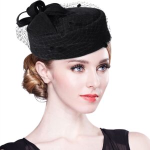 Z&X British Vintage Wool Felt Pillbox Hat Ladies Church Derby Winter Fascinator Hat Veil Flower Fedoras Black