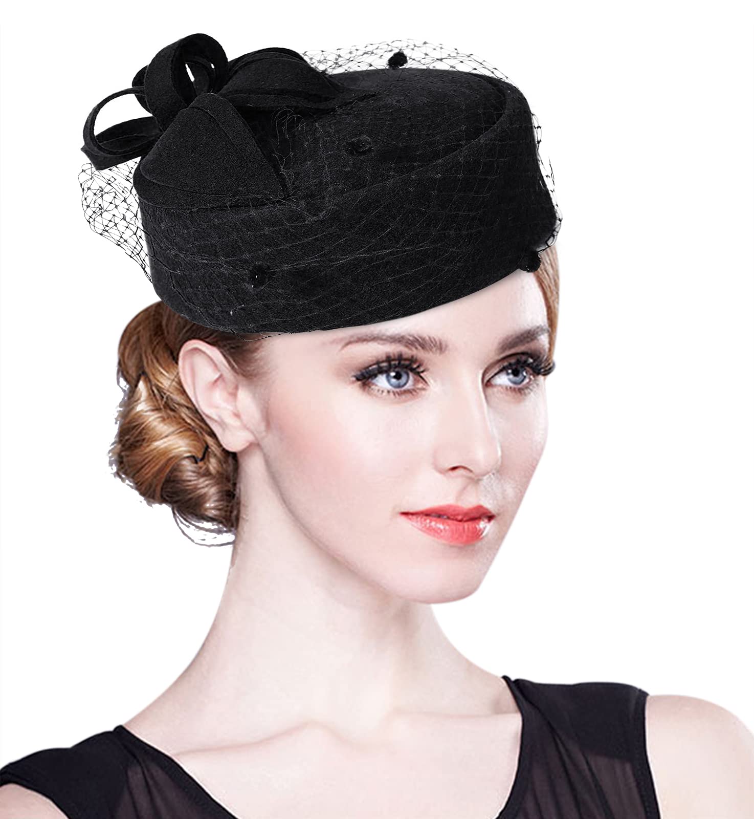 Z&X British Vintage Wool Felt Pillbox Hat Ladies Church Derby Winter Fascinator Hat Veil Flower Fedoras Black