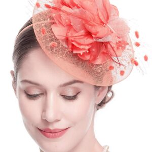 Fascinators Hats for Womens 50s Headwear with Veil Flower Cocktail Wedding Tea Party Church Derby Hat (1-4-coral)