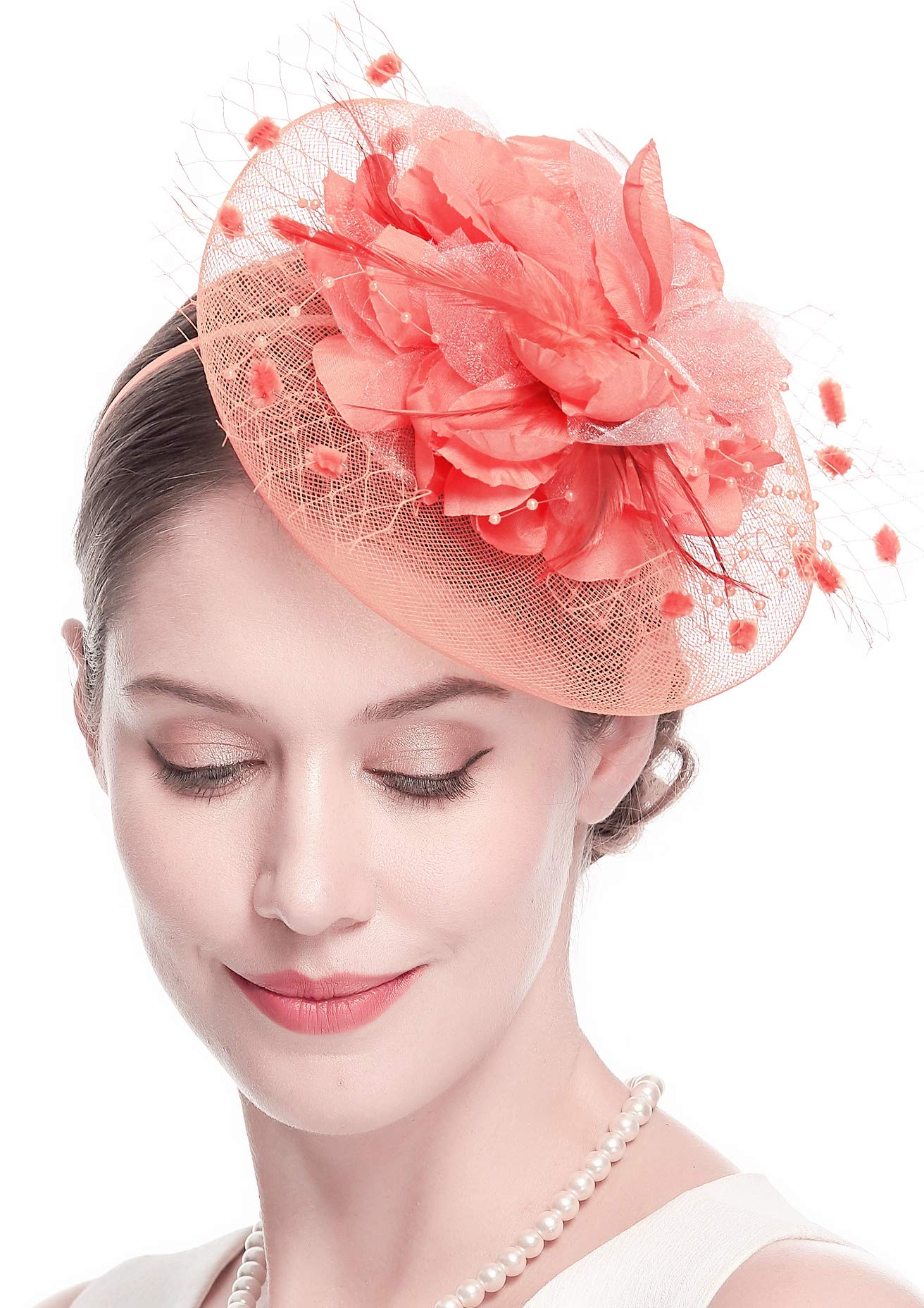 Fascinators Hats for Womens 50s Headwear with Veil Flower Cocktail Wedding Tea Party Church Derby Hat (1-4-coral)