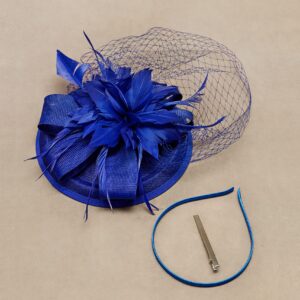 BABEYOND Fascinator Hat Veil Feather Fascinator Tea Party Kentucky Pillbox Derby Hat Bridal Wedding Party Royal Blue