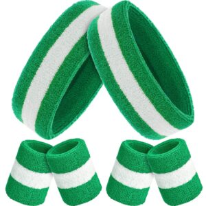 6 pcs terry cloth rainbow sweatbands set - 2 headbands, 4 wristbands for men women, gym, sports, lgbt pride parade (green and white)