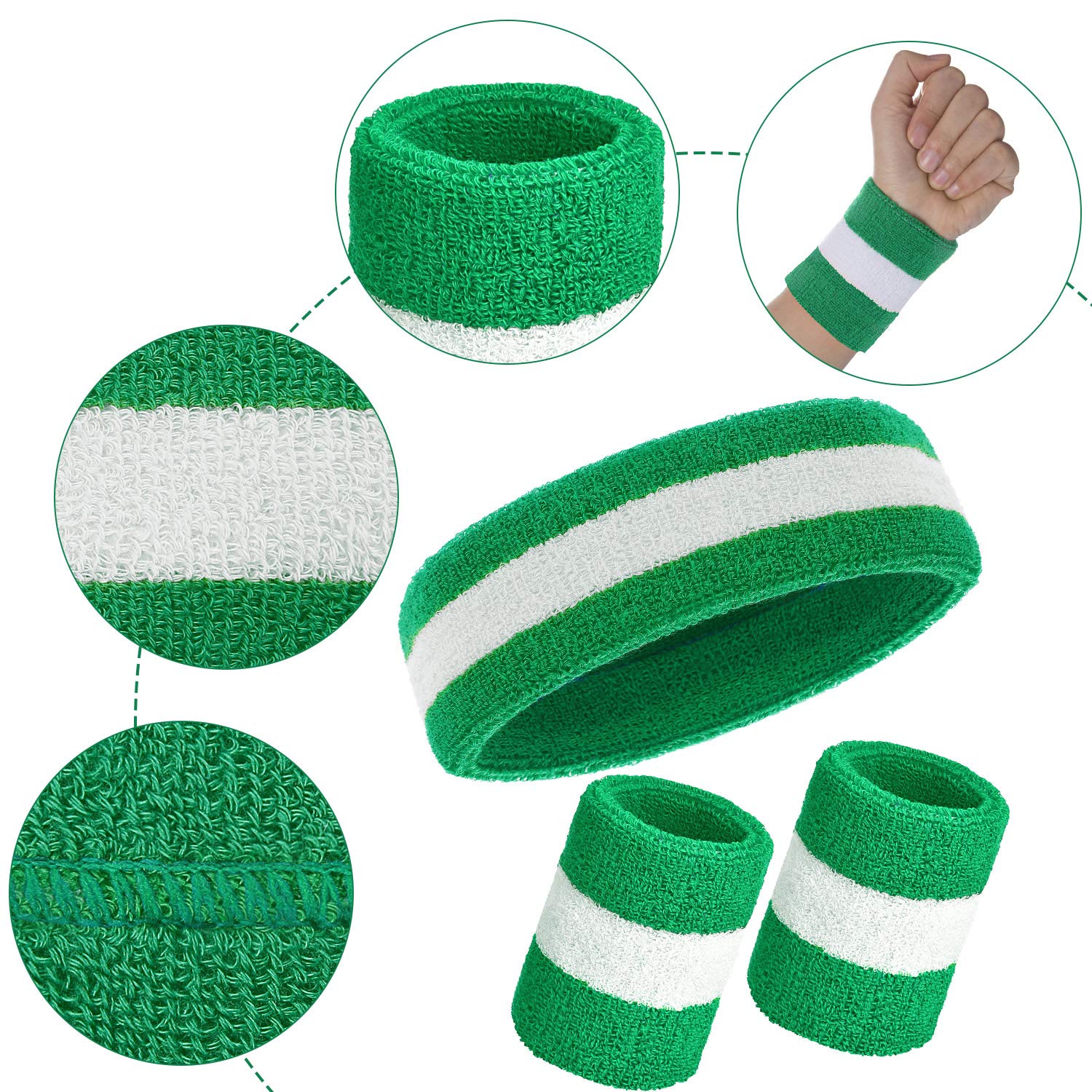 6 Pcs Terry Cloth Rainbow Sweatbands Set - 2 Headbands, 4 Wristbands for Men Women, Gym, Sports, LGBT Pride Parade (Green and White)