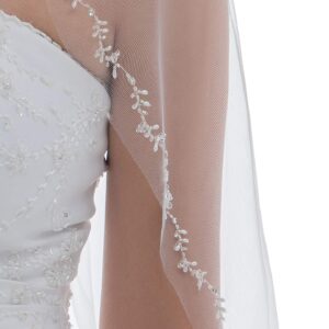 SAMKY 1T 1 Tier Offset Floral Vine Edge Crystal Pearl Veil - Light Ivory Elbow Length 30" V578