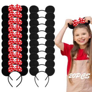 lucky will 20 pack mouse ears headband classic solid black and red bow ears headbands bulk for kids and adults - boys & girls mouse themed birthday party supplies