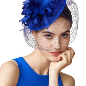 BABEYOND Fascinator Hat Veil Feather Fascinator Tea Party Kentucky Pillbox Derby Hat Bridal Wedding Party Royal Blue