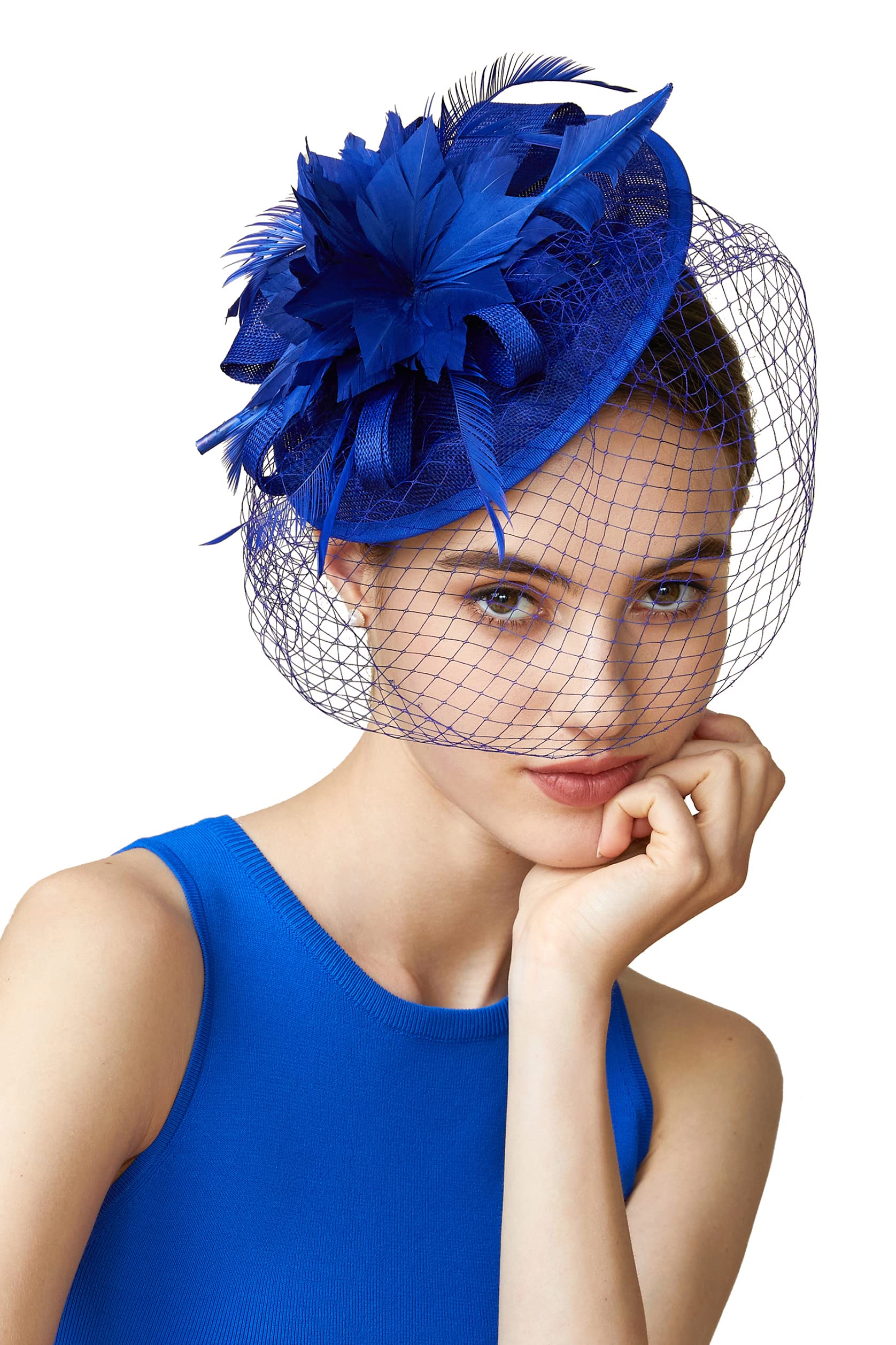 BABEYOND Fascinator Hat Veil Feather Fascinator Tea Party Kentucky Pillbox Derby Hat Bridal Wedding Party Royal Blue