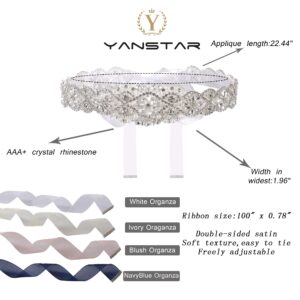 yanstar Bridal Rhinestone Wedding Belts Hand Clear Crystal 22In Length with White Organza Ribbon for Bridal Gowns