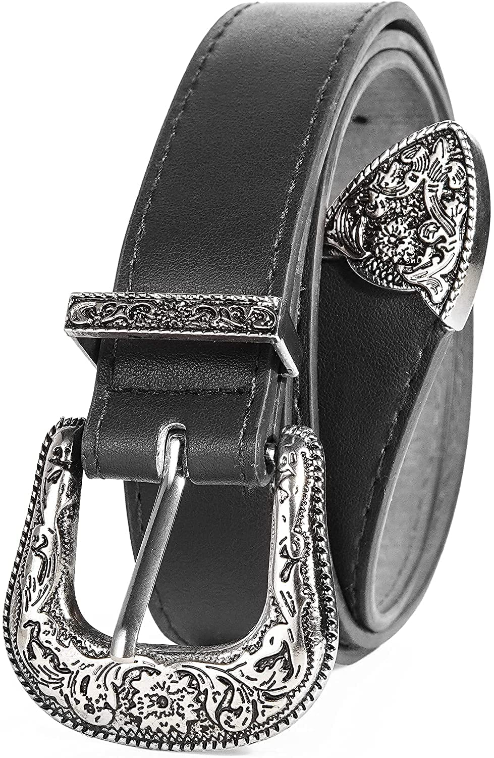 INOGIH Western-Leather-Belts-Women Vintage Waist-Belts with Hollow Out Flower Buckle