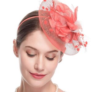 Fascinators Hats for Womens 50s Headwear with Veil Flower Cocktail Wedding Tea Party Church Derby Hat (1-4-coral)