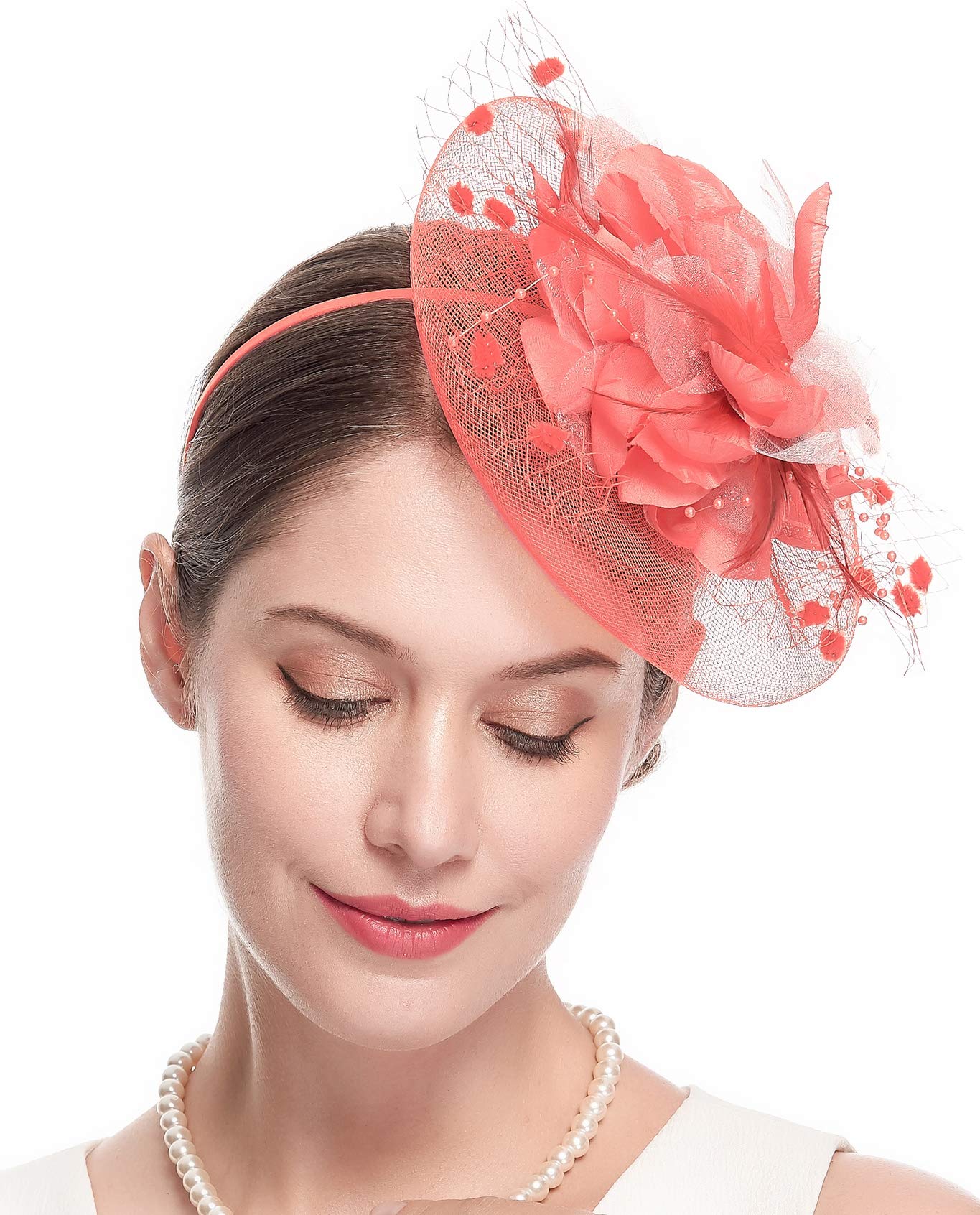 Fascinators Hats for Womens 50s Headwear with Veil Flower Cocktail Wedding Tea Party Church Derby Hat (1-4-coral)