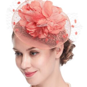 Fascinators Hats for Womens 50s Headwear with Veil Flower Cocktail Wedding Tea Party Church Derby Hat (1-4-coral)