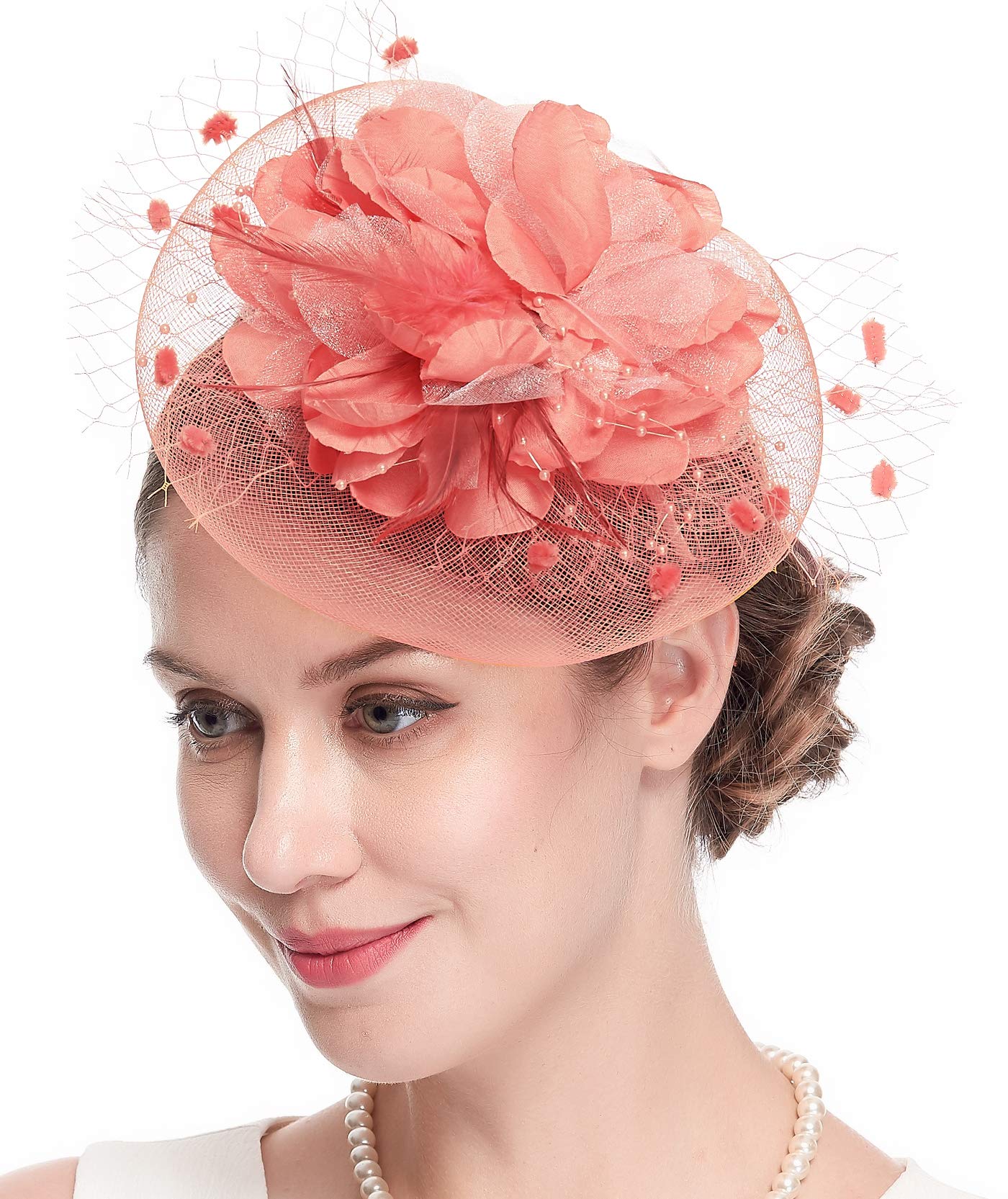 Fascinators Hats for Womens 50s Headwear with Veil Flower Cocktail Wedding Tea Party Church Derby Hat (1-4-coral)