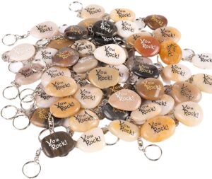 rockimpact 100pcs you rock inspirational stone key chains, pocket word stone keyring lot, engraved natural river rock key rings, teamwork bonding gift bulk keychain (you rock! 100 pieces)