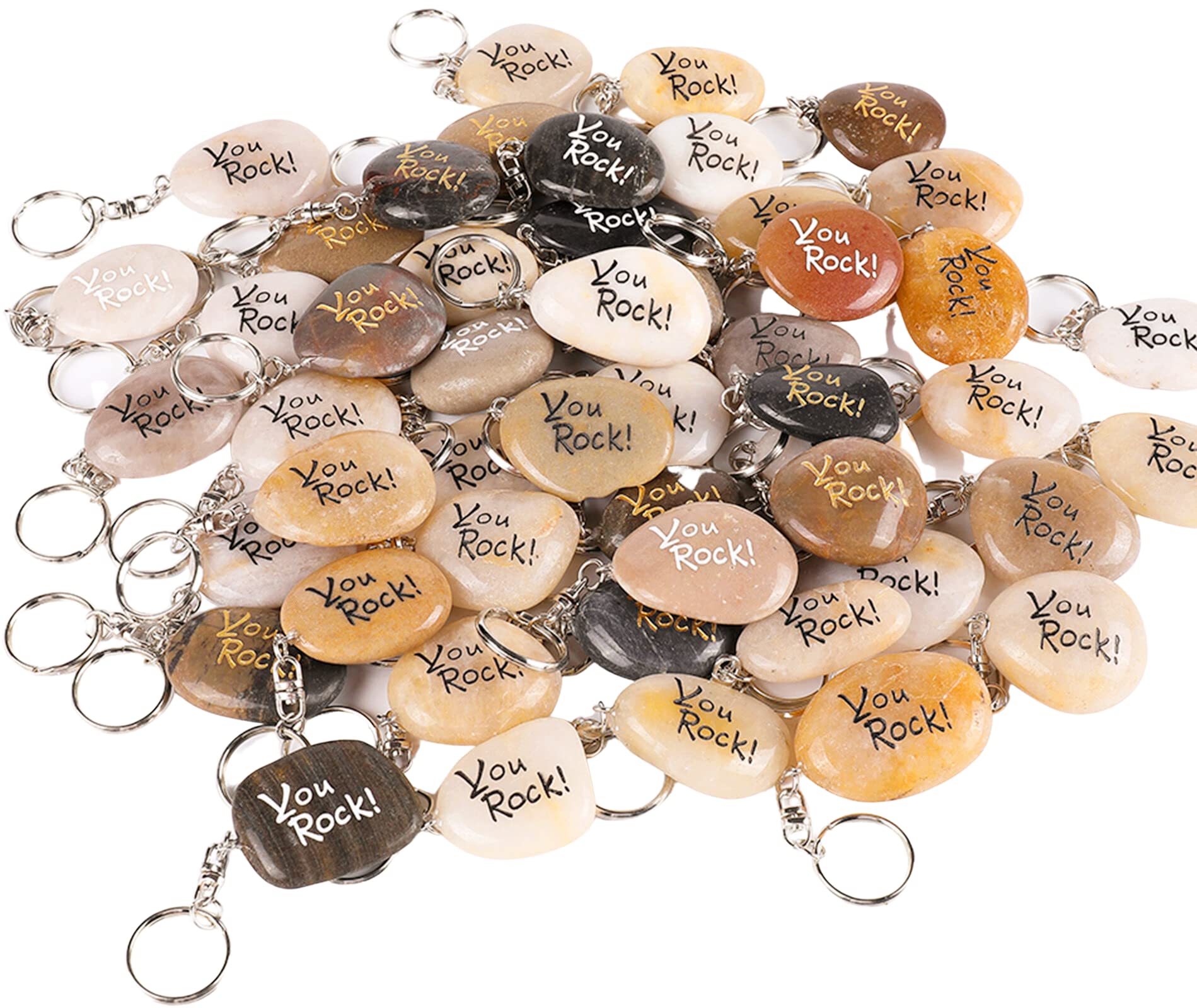 ROCKIMPACT 100PCS You Rock Inspirational Stone Key Chains, Pocket Word Stone Keyring Lot, Engraved Natural River Rock Key Rings, Teamwork Bonding Gift Bulk Keychain (You Rock! 100 Pieces)