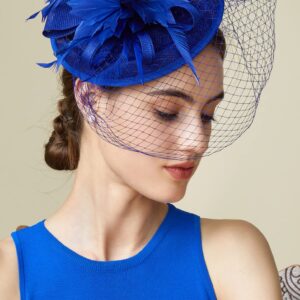 BABEYOND Fascinator Hat Veil Feather Fascinator Tea Party Kentucky Pillbox Derby Hat Bridal Wedding Party Royal Blue