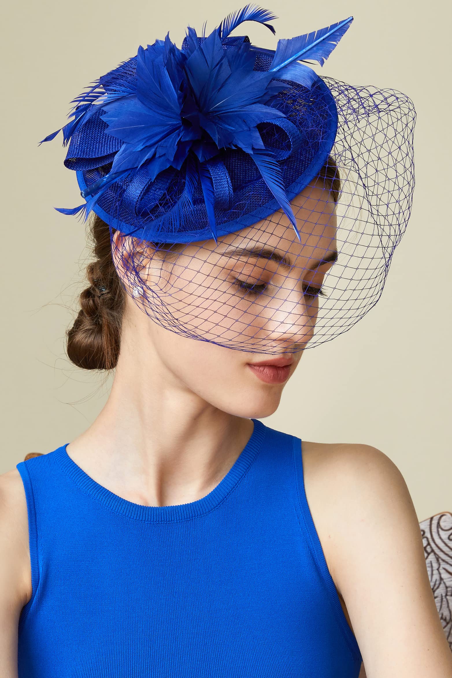 BABEYOND Fascinator Hat Veil Feather Fascinator Tea Party Kentucky Pillbox Derby Hat Bridal Wedding Party Royal Blue