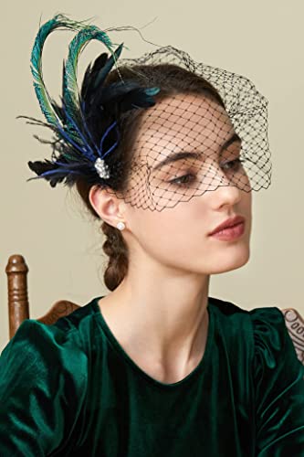 BABEYOND Veil Fascinator Hat for Women Feather Fascinators Hair Clip with Removable Veil Tea Party Hat Bridal Wedding