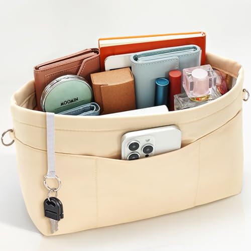 HyFanStr Purse Organizer Insert with Zipped Top for Tote Bag, Handbag Shaper with 13 Pockets, Beige XS