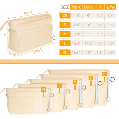 HyFanStr Purse Organizer Insert with Zipped Top for Tote Bag, Handbag Shaper with 13 Pockets, Beige XS