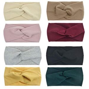 DRESHOW 8 Pack Girls Turban Wide Headbands for Women Headwraps Knotted Elastic Yoga Workout Solid Color Hair Accessories